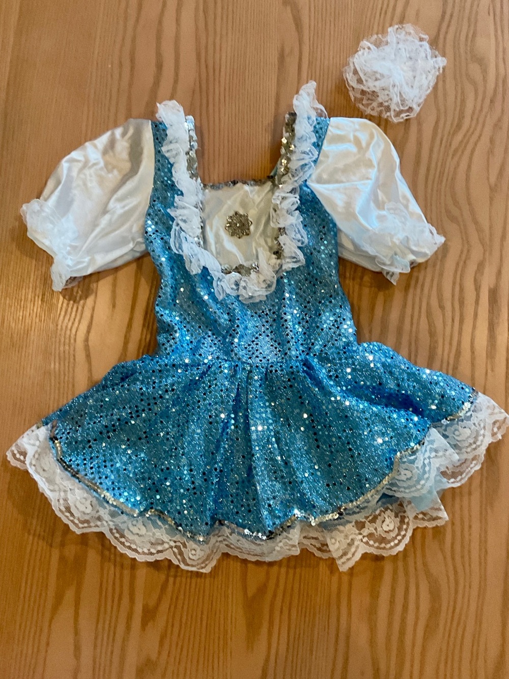 Sparkling Blue Sequin Kids Dance Costume with White Lace